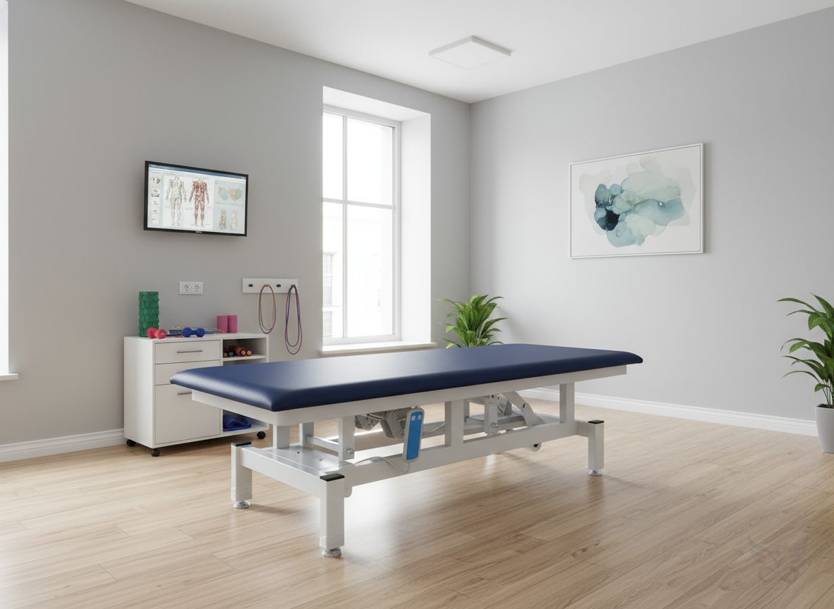 XINIX single-section motorised Hi-Low treatment table in a physiotherapy treatment room