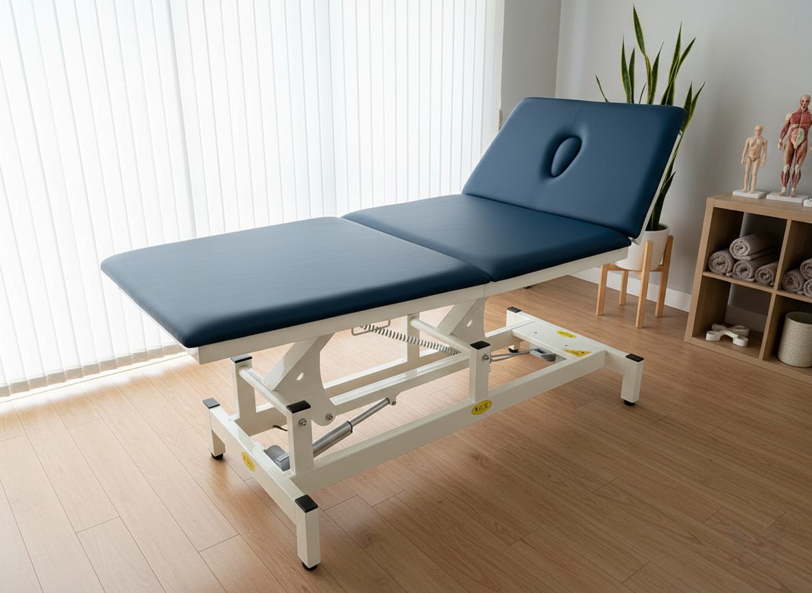 XINIX three-section motorised Hi-Low treatment table with adjustable back section and face hole, navy upholstery