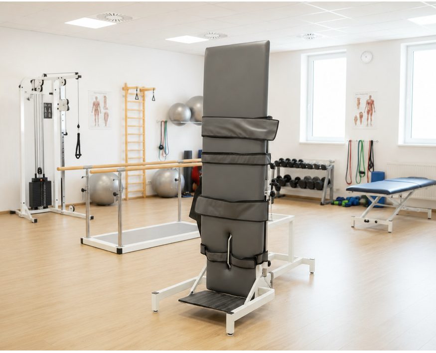 XINIX motorised tilt table in a rehabilitation gym, upright position with padded body supports and foot platform